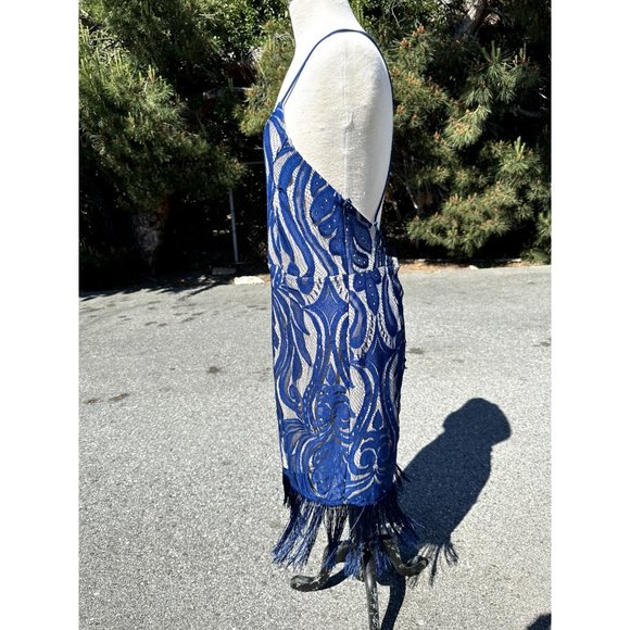 K Jordan Lace Dress Women's Large Navy Blue V-Neck Fringe Hem Spaghetti Strap - Picture 3 of 12